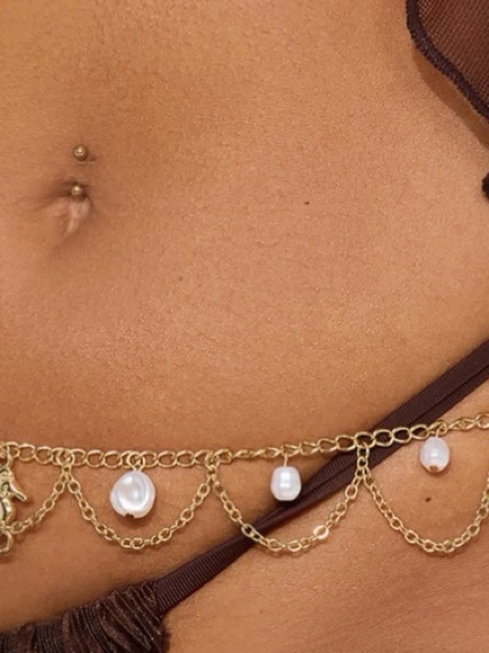Gold Pearl Chain Waist Belt with Dangling Charms